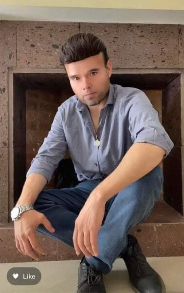 Ridiculous photo edit of man with unnatural facial proportions and features