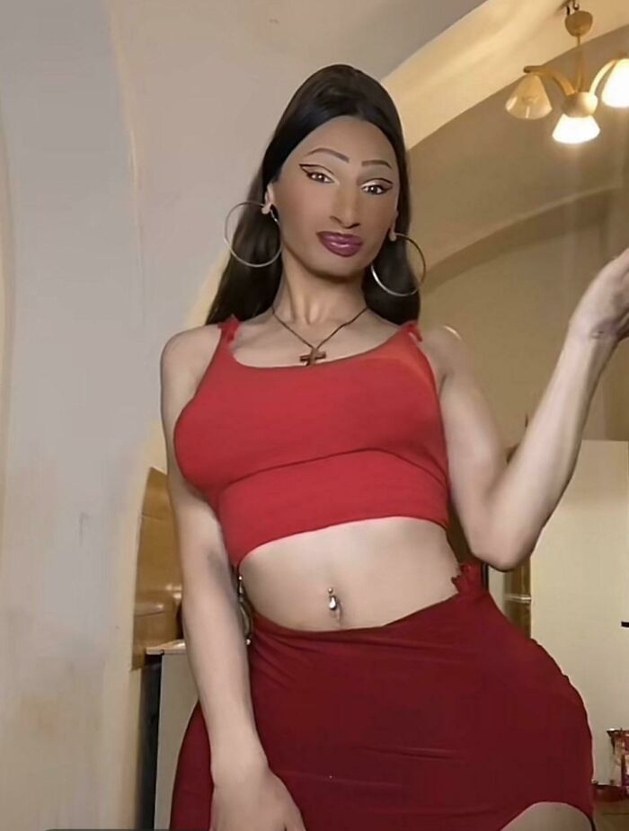 Ridiculously edited photo of woman with distorted facial features and body proportions
