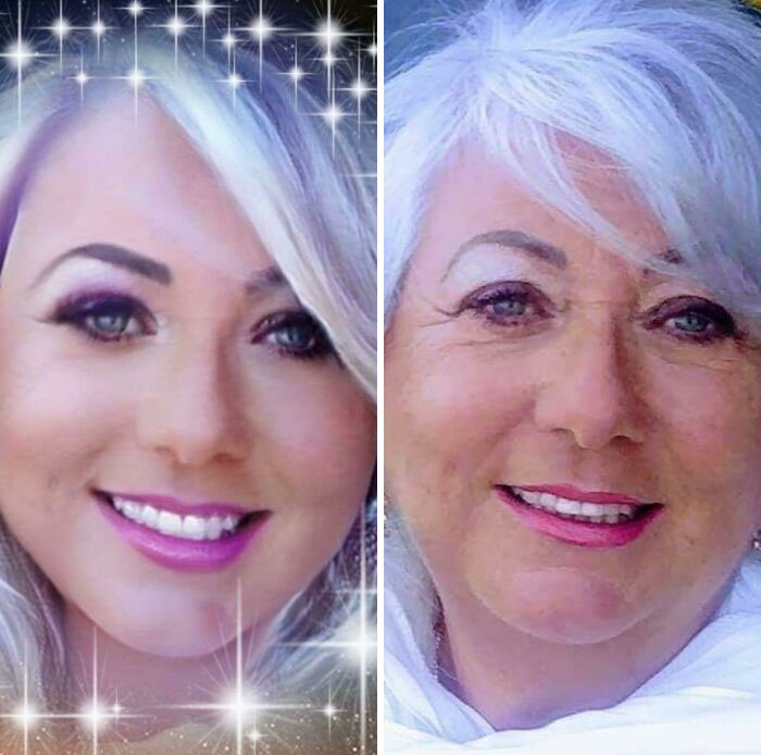 Before and after edited photos of aging woman with sparkle effect