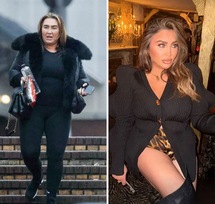 Ridiculous edited photo of a woman in black walking outdoors