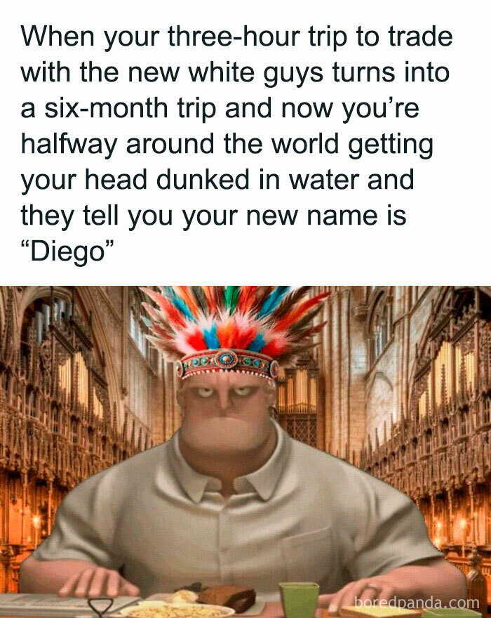 Animated character in native costume with text about colonial history memes