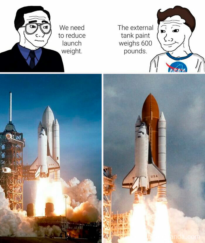 Space history meme comparing NASA rocket launch weight concerns with images