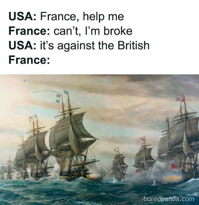 History meme about USA asking France for help against the British