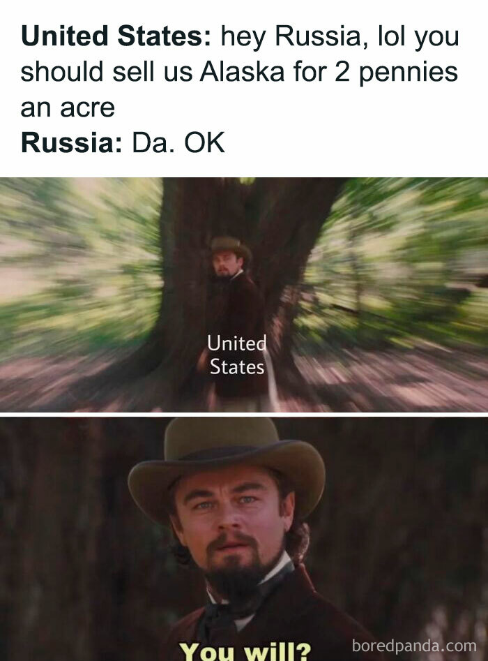 Humorous history meme about the US buying Alaska from Russia