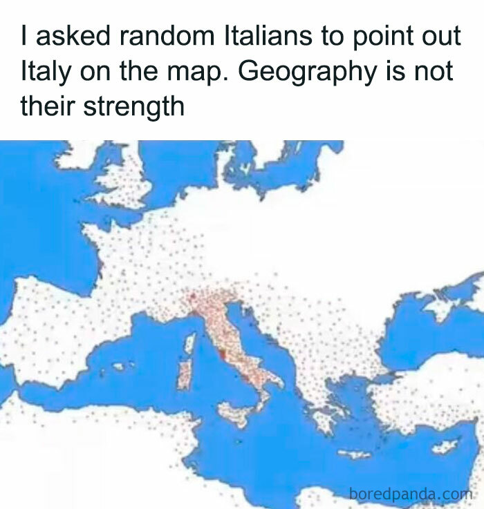 Map showing random Italian guesses of Italy location, highlighting geography confusion in history memes