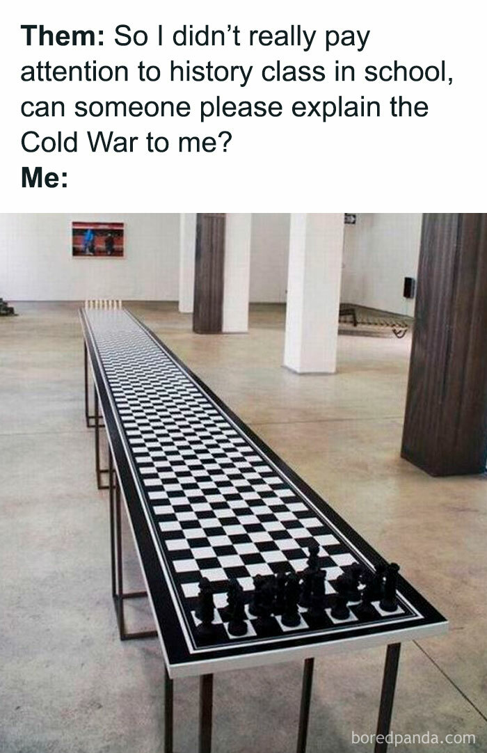 Long chessboard representing Cold War strategy in history memes