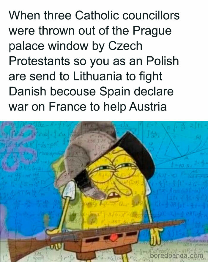 Confused SpongeBob meme illustrating complex historical European conflicts