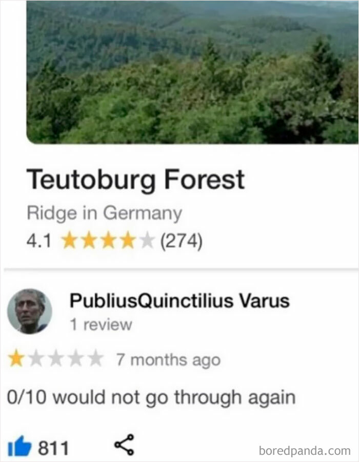 Teutoburg Forest review meme with PubliusQuinctilius Varus rating 1 star