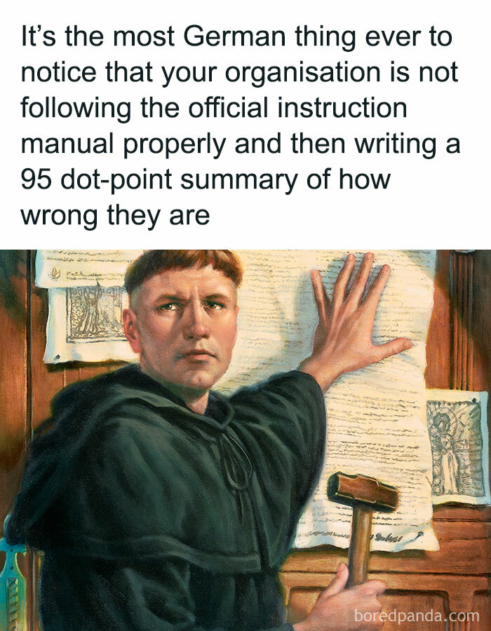 Humorous history meme about German efficiency and writing a long summary of faults