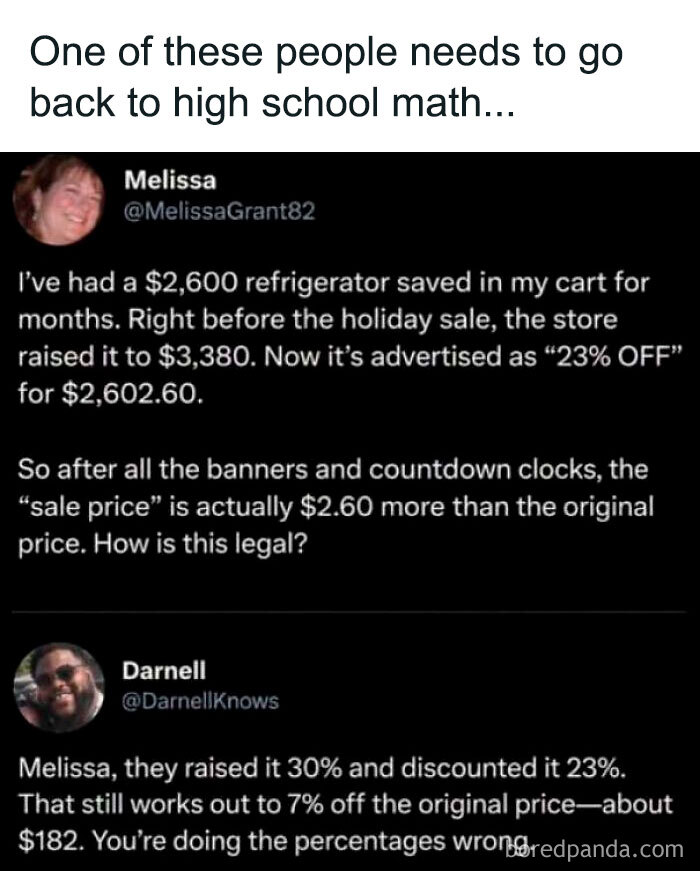 Social media post with incorrect math showing people confidently wrong about sales percentages.