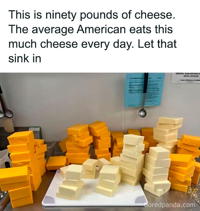 A meme showing stacks of cheese with text confidently wrong about daily consumption.