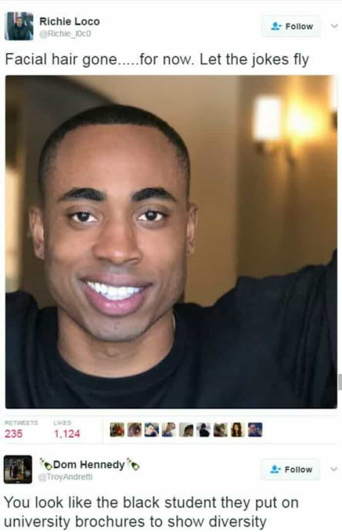 A social media post containing funny and oddly accurate insults comparing a smiling man to a brochure student.