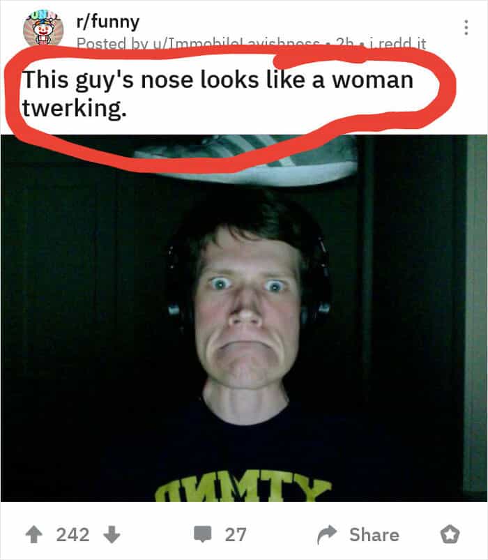 A Reddit screenshot showing a man whose nose shape sparks funny and oddly accurate insults online.