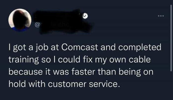 A tweet joking about getting a job at Comcast, showing funny and oddly accurate insults regarding customer service.