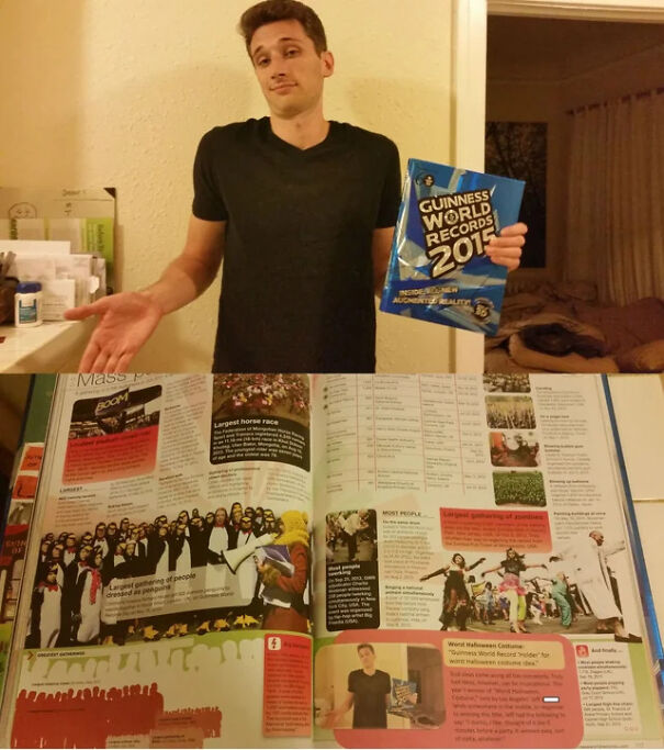 A man holding a Guinness World Records book as a last minute Halloween costume idea.