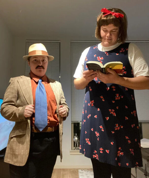 Two people dressed up in homemade outfits for last minute Halloween costume ideas