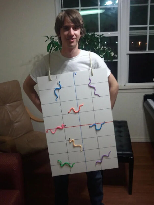 A young man posing in a clever, last-minute Halloween costume dressed as a coordinate plane with gummy worms.