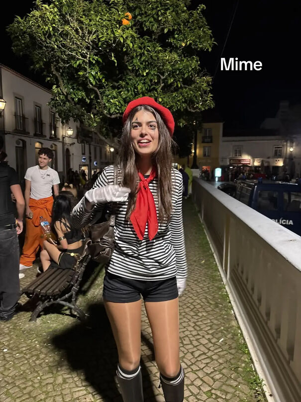 A woman dressed in a mime outfit as a last-minute Halloween costume idea