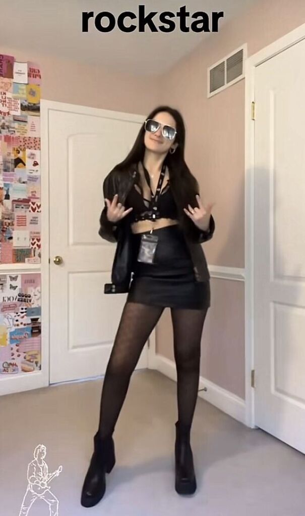 A woman wearing a black jacket and sunglasses as a last minute rockstar Halloween costume idea.