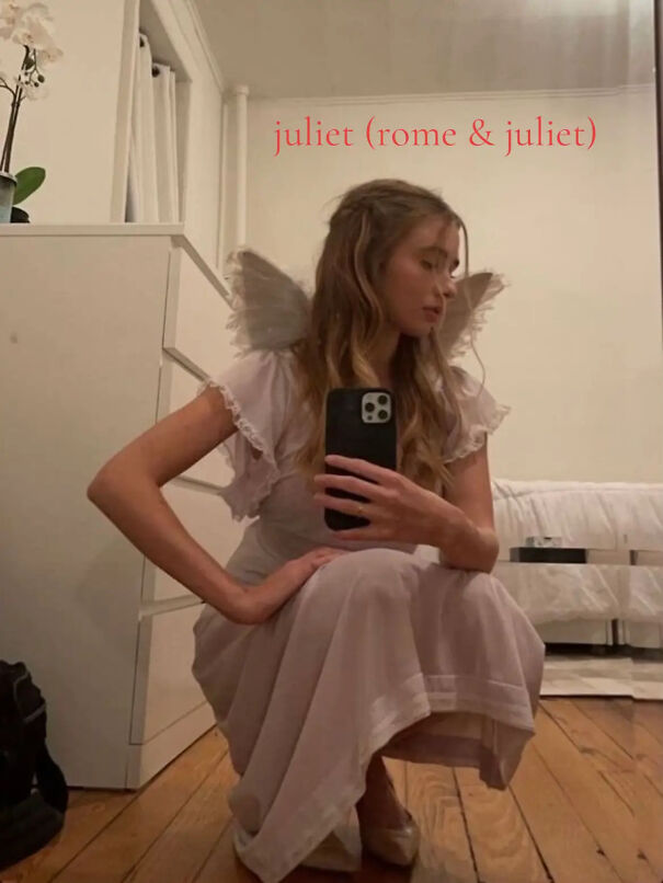 Woman posing with angel wings dressed as Juliet for last minute Halloween costume ideas.