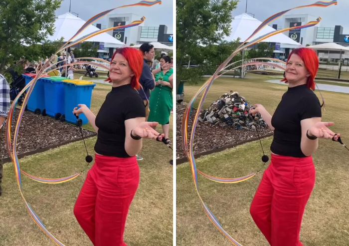Side-by-side funny photoshopper edit replacing background trash cans with a giant pile of garbage behind a woman.