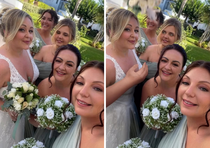 Group wedding photo humorously altered by photoshopper with floating bouquet