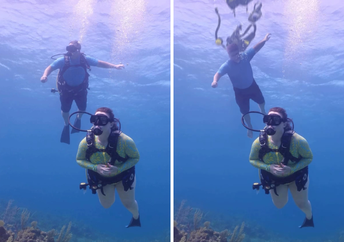 Underwater diving photo humorously changed by photoshopper with diver falling