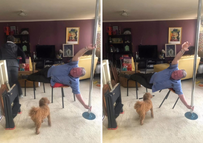 Man doing pole exercise humorously edited by photoshopper to shift balance