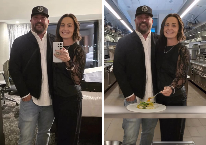 Couple selfie altered by photoshopper to show funny kitchen scene