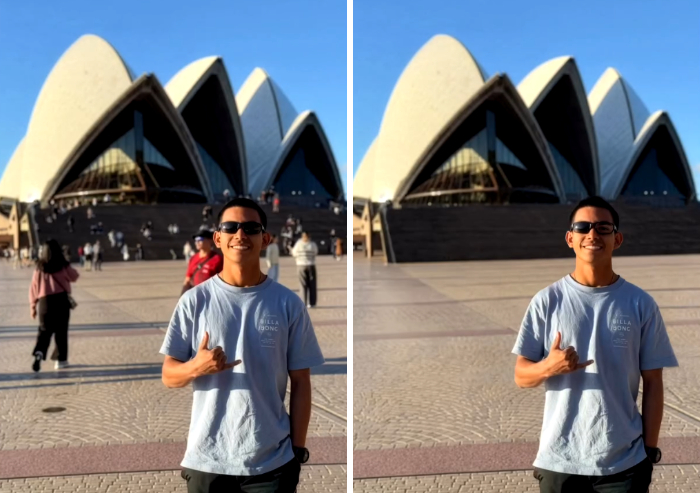 Photoshopper edit removing people behind a man posing in front of the Sydney Opera House.