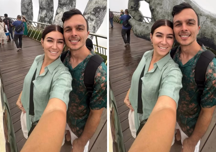 Photoshopper edits out background tourists from a couple selfie, leaving an giant stone hand in the background