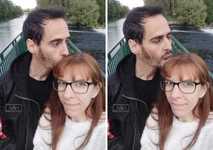 A photoshopper edits a man kissing his partner forehead into a funny joke