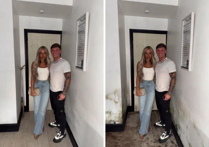 A couple posing indoors edited by a photoshopper adding realistic water damage and mold on the walls