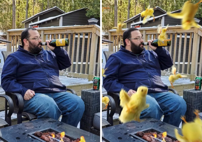 A man drinking beer outside edited by a photoshopper who added floating yellow baby chicks around him