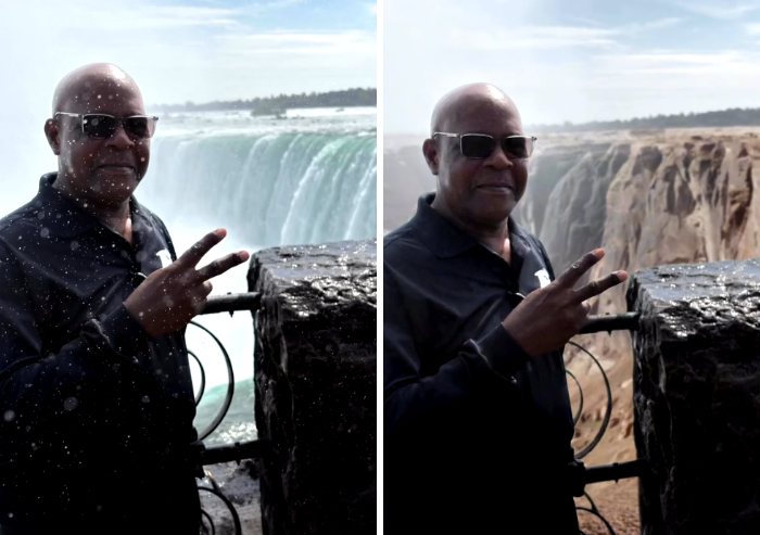 Photoshopper changes waterfall background in funny outdoor peace sign photo