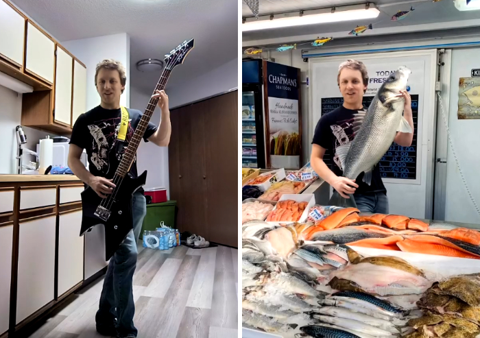 Photoshopper swaps guitar for fish in humorous kitchen and seafood market images