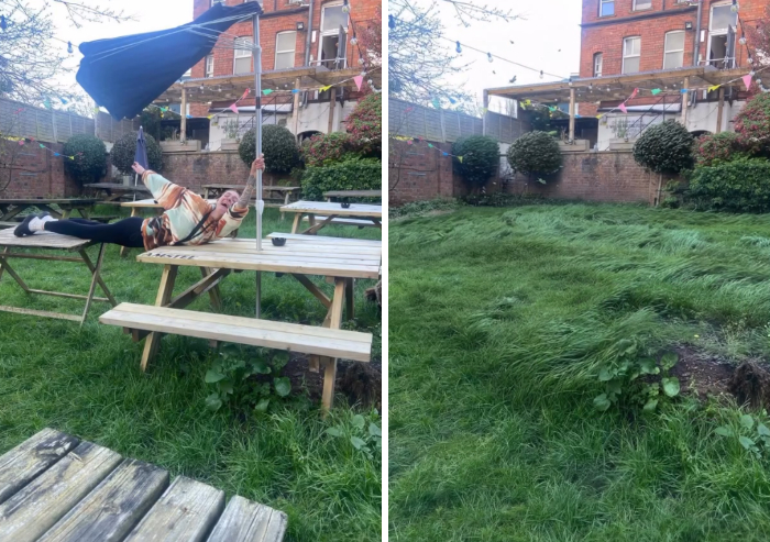 Photoshopper refusing to show person falling off picnic table in funny garden scene