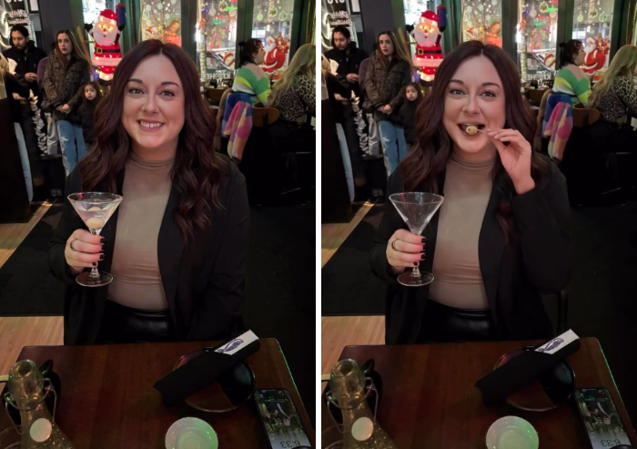 Humorous edit by a photoshopper showing a woman eating an olive from her martini glass.