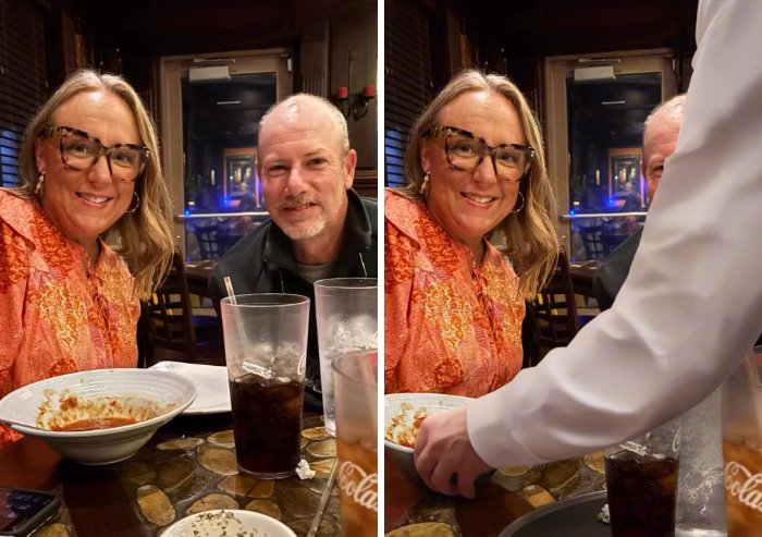 Side-by-side photo where a photoshopper blocked a man at a dinner table with a waiter.