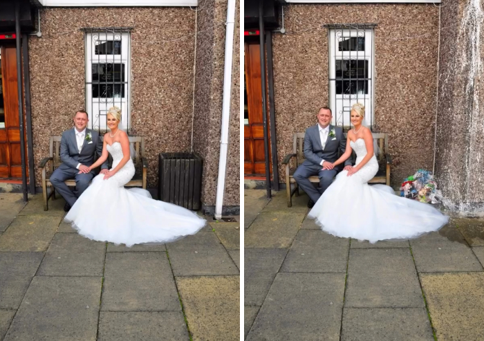 A photoshopper edit replacing a trash can with flowers next to a married couple on a bench.