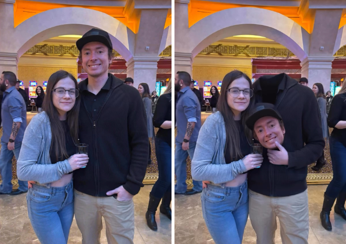 A photoshopper edit showing a man holding his own head in a funny comparison image.