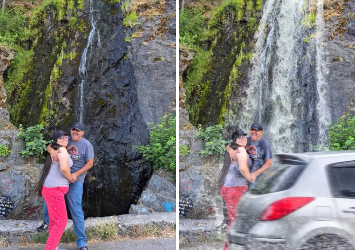 Photoshopper adds a speeding car splashing water on a couple by a waterfall