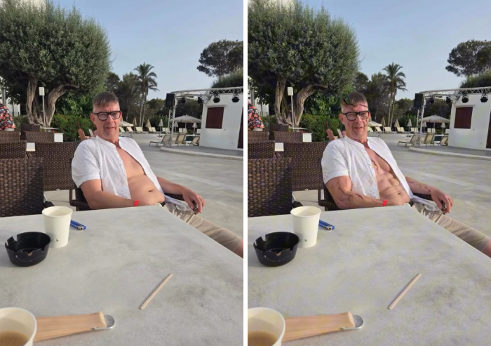Side-by-side comparison of a man sitting at a table edited by a photoshopper to add defined abs to his stomach.