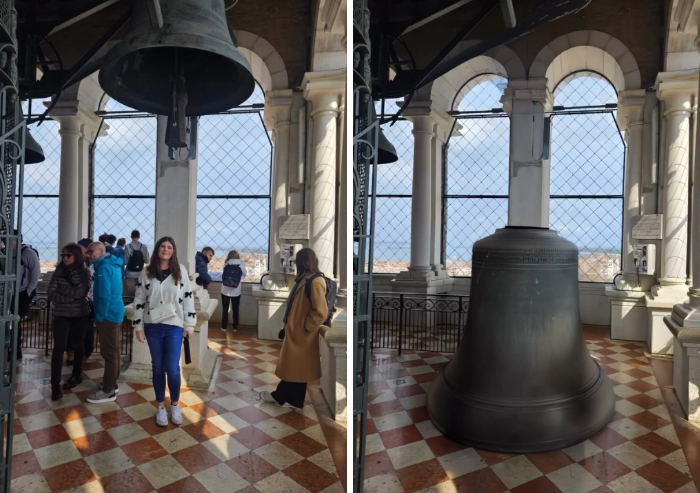 Side-by-side edit by a photoshopper lowering a large church bell from the ceiling to rest directly on the tiled floor.