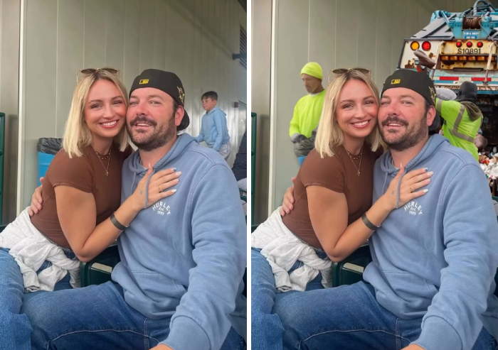Photoshopper adds a garbage truck behind a couple hugging