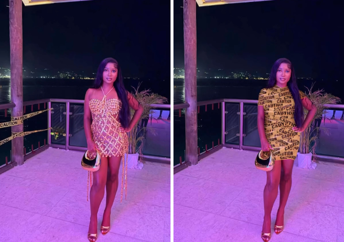 A funny edit by a photoshopper replacing a glittery dress with yellow caution tape on a woman standing on a balcony.