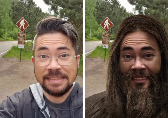 Photoshopper edit transforming a man standing near a Bigfoot Crossing sign into Bigfoot