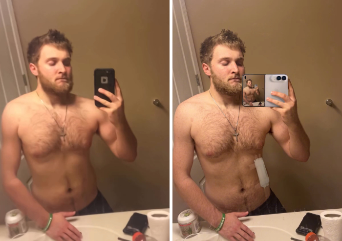 Hilarious photoshopper edit of a man holding a phone that displays an image of himself