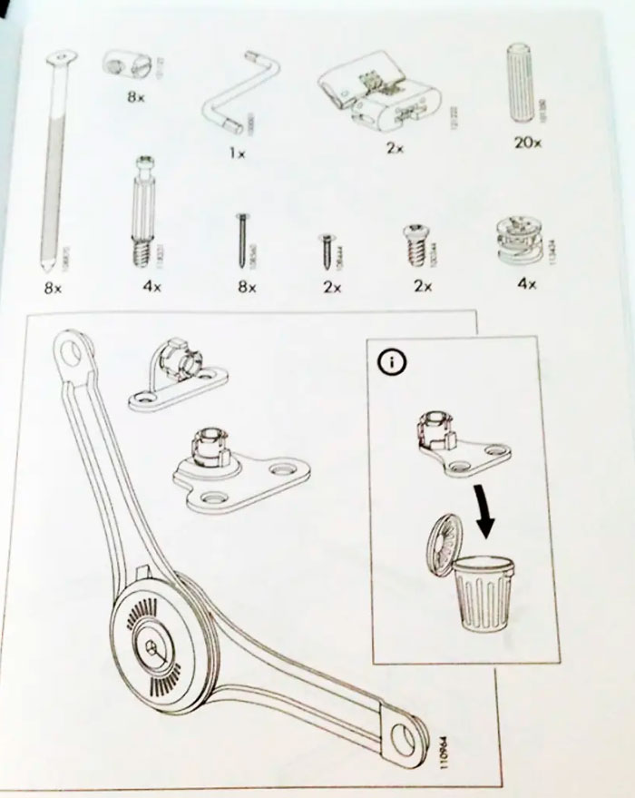 An assembly manual page containing hardware diagrams and confusing instructions pointing a part to a trash bin