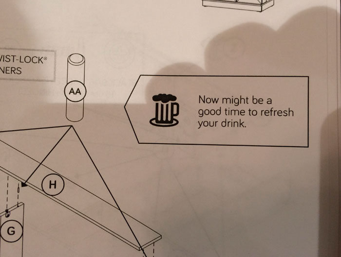 Furniture assembly guide with confusing instructions featuring a beer mug icon suggesting to refresh your drink